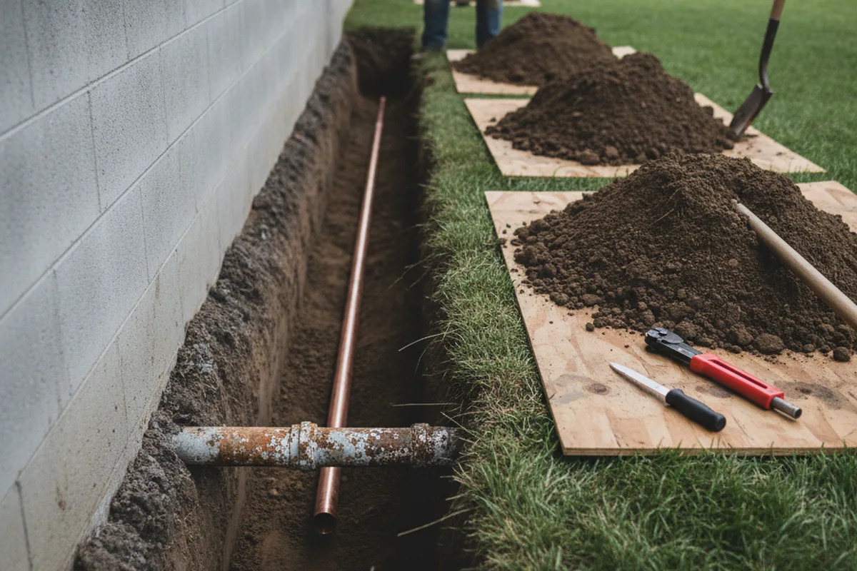 Excavated water line trench during Water Softener Installation in Portales